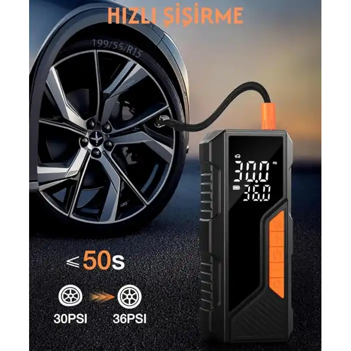 Dijital Göstergeli Led Işıklı Taşınabilir Powerbank 4500mAh Araç Bisiklet Top Lastik Şişirme Hava Kompresörü