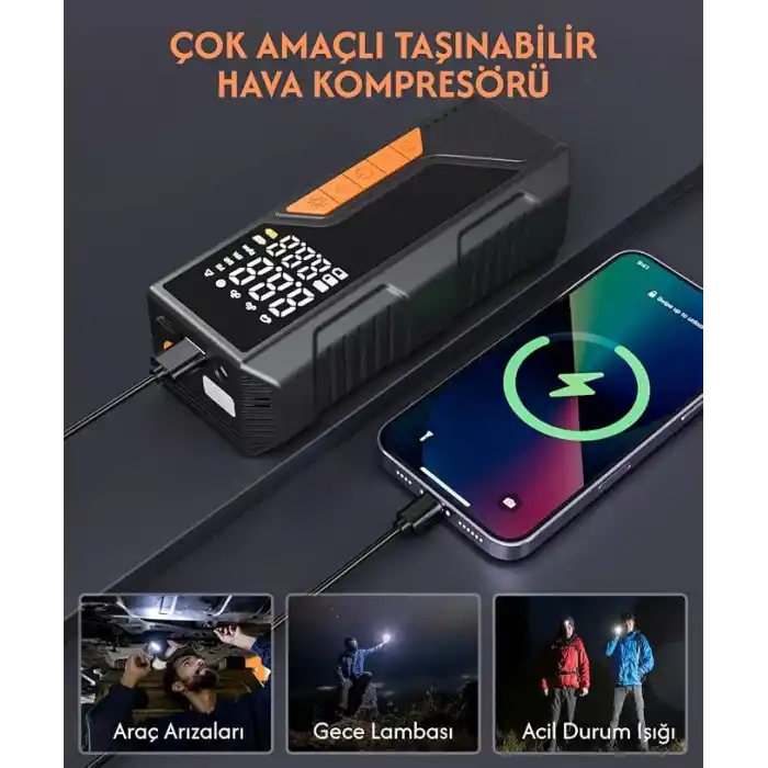 Dijital Göstergeli Led Işıklı Taşınabilir Powerbank 4500mAh Araç Bisiklet Top Lastik Şişirme Hava Kompresörü