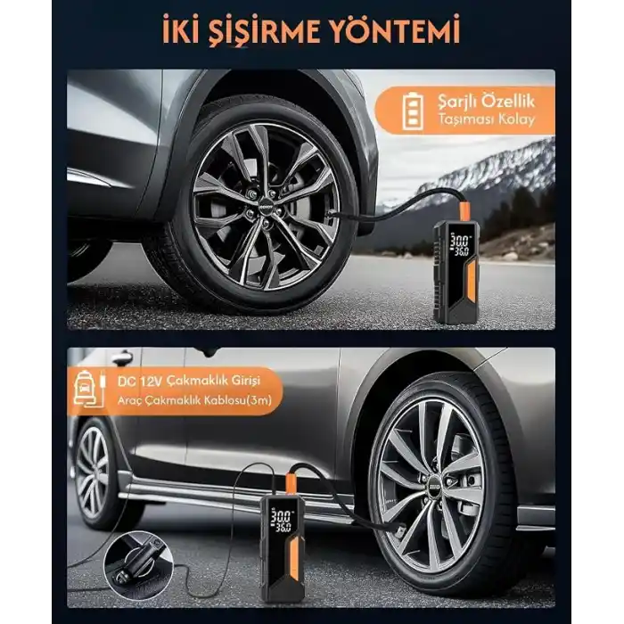 Dijital Göstergeli Led Işıklı Taşınabilir Powerbank 4500mAh Araç Bisiklet Top Lastik Şişirme Hava Kompresörü