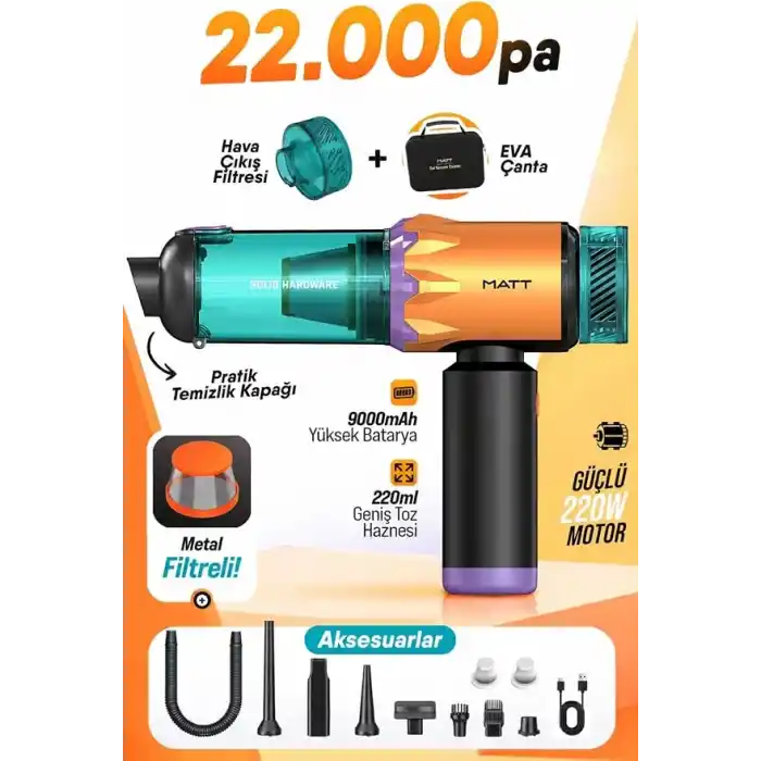 MATT MCV22 Şarjlı Araç Süpürgesi Sarı 22.000Pa Güçlü Vakumlu Mini El Süpürgesi Type-C Şarjlı