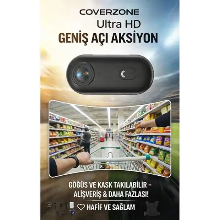 Coverzone Göğüse Takılabilir Mıknatıslı Kolyeli 1080P Mini Geniş Açı Aksiyon Kamera | Hafif ve Kompakt Tasarım | Spor, Koşu, Outdoor, Günlük Kullanım İçin POV Kayıt Kamerası- Kask Kamera (SİYAH)