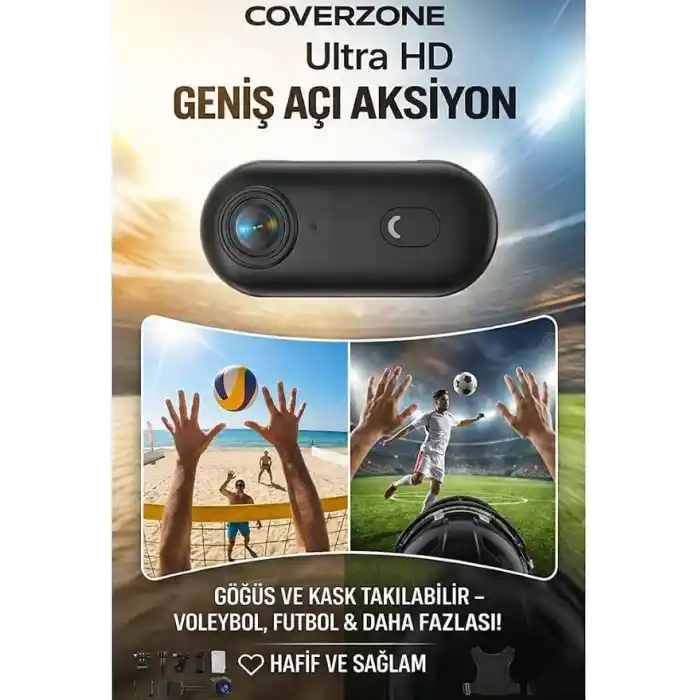 Coverzone Göğüse Takılabilir Mıknatıslı Kolyeli 1080P Mini Geniş Açı Aksiyon Kamera | Hafif ve Kompakt Tasarım | Spor, Koşu, Outdoor, Günlük Kullanım İçin POV Kayıt Kamerası- Kask Kamera (SİYAH)