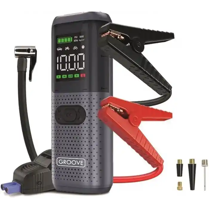 GROOVE HCB002 24400mAh 3000A Tepe Akımı Profesyonel Akü Takviye Cihazı + Lastik Şişirme Kompresörü Taşınabilir Jump Starter (Kompresör+Powerbank+Led Lamba+LCD Ekran) Benzinli ve Dizel Araçlar için