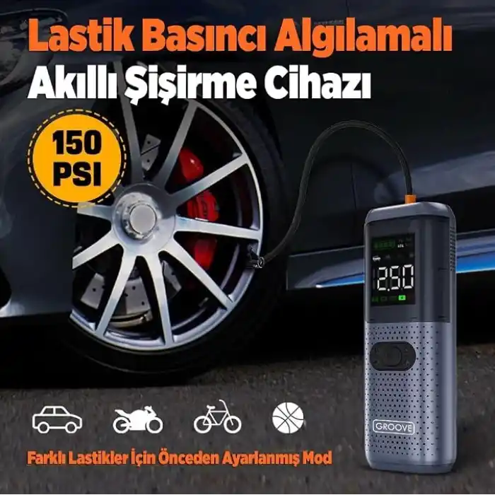GROOVE HCB002 24400mAh 3000A Tepe Akımı Profesyonel Akü Takviye Cihazı + Lastik Şişirme Kompresörü Taşınabilir Jump Starter (Kompresör+Powerbank+Led Lamba+LCD Ekran) Benzinli ve Dizel Araçlar için