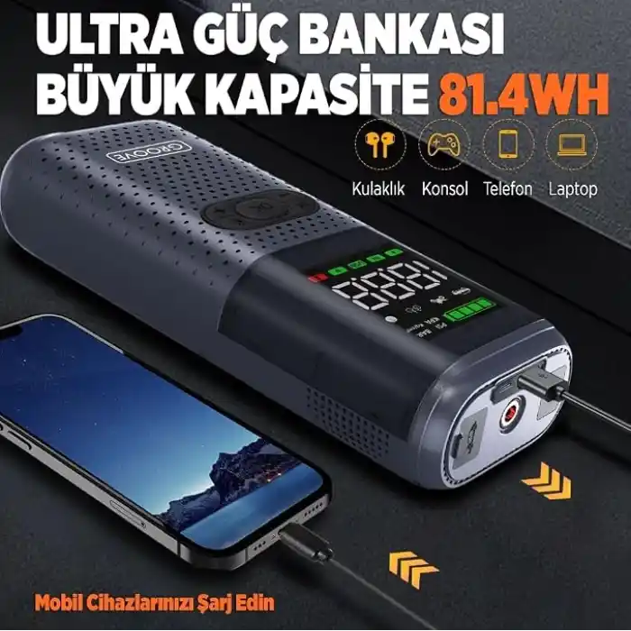 GROOVE HCB002 24400mAh 3000A Tepe Akımı Profesyonel Akü Takviye Cihazı + Lastik Şişirme Kompresörü Taşınabilir Jump Starter (Kompresör+Powerbank+Led Lamba+LCD Ekran) Benzinli ve Dizel Araçlar için