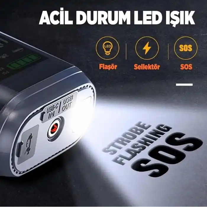 GROOVE HCB002 24400mAh 3000A Tepe Akımı Profesyonel Akü Takviye Cihazı + Lastik Şişirme Kompresörü Taşınabilir Jump Starter (Kompresör+Powerbank+Led Lamba+LCD Ekran) Benzinli ve Dizel Araçlar için