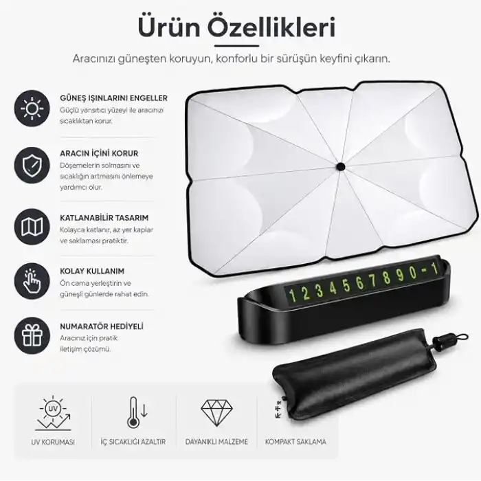 Orret Home Şemsiye Şeklinde Katlanabilir Oto Güneşlik ve Oto Numaratör Seti – Araç Güneşliği, Otomobil Ön Cam Güneşlik, Araba Güneşliği, Numaratör Hediyeli Güneş Koruyucu (140x79 cm)