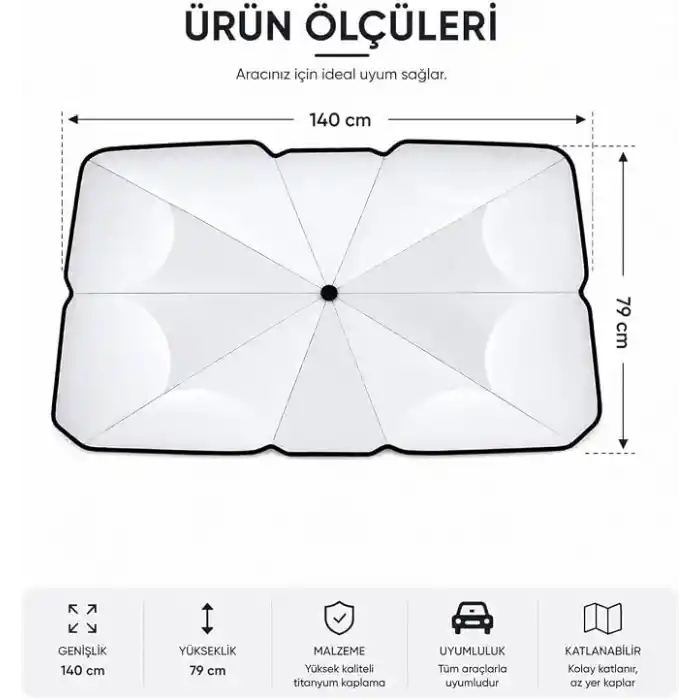 Orret Home Şemsiye Şeklinde Katlanabilir Oto Güneşlik ve Oto Numaratör Seti – Araç Güneşliği, Otomobil Ön Cam Güneşlik, Araba Güneşliği, Numaratör Hediyeli Güneş Koruyucu (140x79 cm)