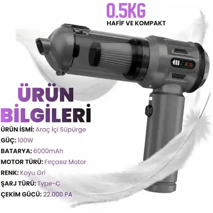 Yeni Güçlendirilmiş Yedek Filtreli Araç Süpürgesi Taşınabilir Çantalı 22000PA, 4ü1 Arada El Tipi Süpürge&Üfleyici LcD Ekran, Çoklu Başlıklar, Ev, Araba, Evcil Hayvan Tüyleri için Mini Şarjlı Süpürge