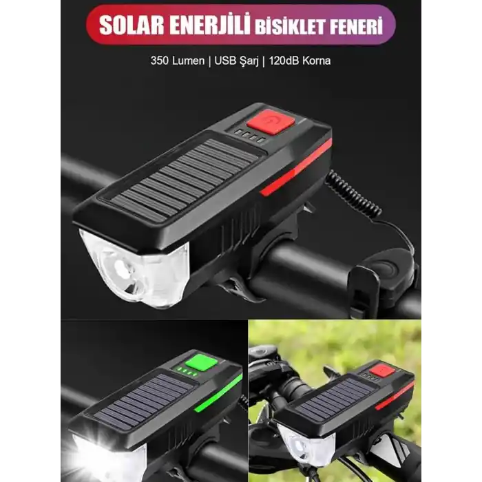 Bisiklet Feneri Bisiklet Alarmı Bisiklet Kornası Solar Enerjili Usb Ile Şarj Edilebilir Ledli Bisiklet Feneri Kornalı Ve Su Geçirmez Far