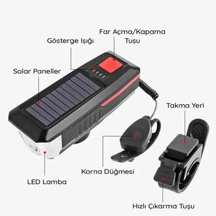 Bisiklet Feneri Bisiklet Alarmı Bisiklet Kornası Solar Enerjili Usb Ile Şarj Edilebilir Ledli Bisiklet Feneri Kornalı Ve Su Geçirmez Far