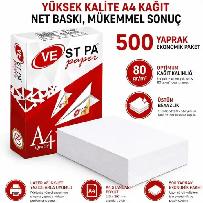 Vestpa A4 Fotokopi Kağıdı, 80 gr/m², 500 Yaprak, Lazer ve Inkjet Yazıcı Uyumlu, Yüksek Beyazlık ve Net Baskı Kalitesi, Çift Taraflı Baskıya Uygun, Ofis ve Ev Kullanımı İçin