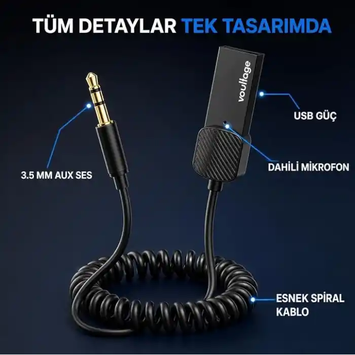 Bluetooth 5.4 Araç AUX Adaptörü, 3.5 mm Jack Araç Ses Kiti