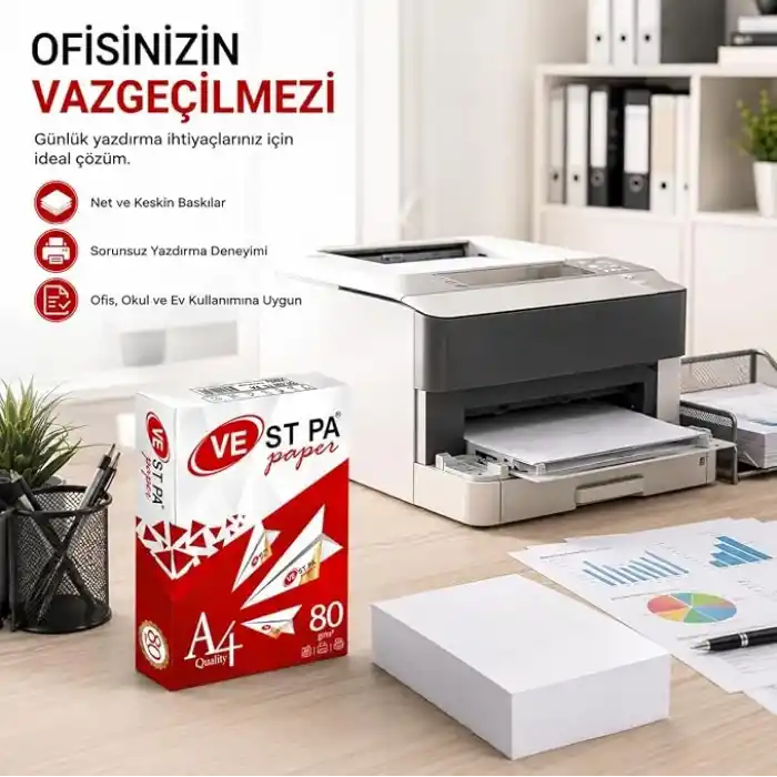 Vestpa A4 Fotokopi Kağıdı, 80 gr/m², 500 Yaprak, Lazer ve Inkjet Yazıcı Uyumlu, Yüksek Beyazlık ve Net Baskı Kalitesi, Çift Taraflı Baskıya Uygun, Ofis ve Ev Kullanımı İçin
