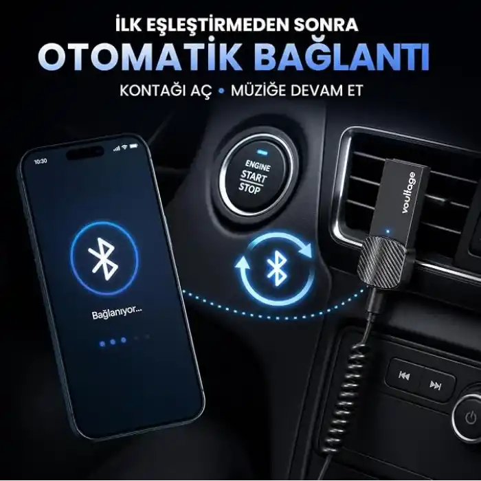 Bluetooth 5.4 Araç AUX Adaptörü, 3.5 mm Jack Araç Ses Kiti