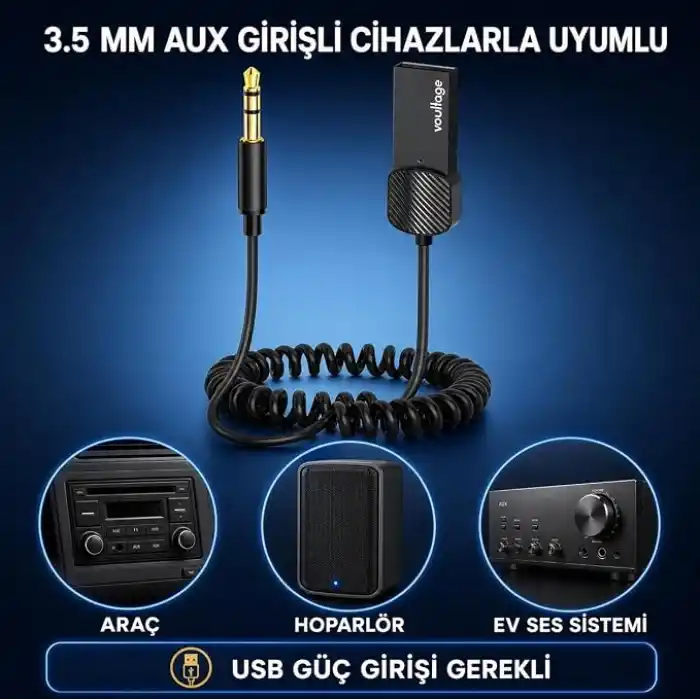 Bluetooth 5.4 Araç AUX Adaptörü, 3.5 mm Jack Araç Ses Kiti