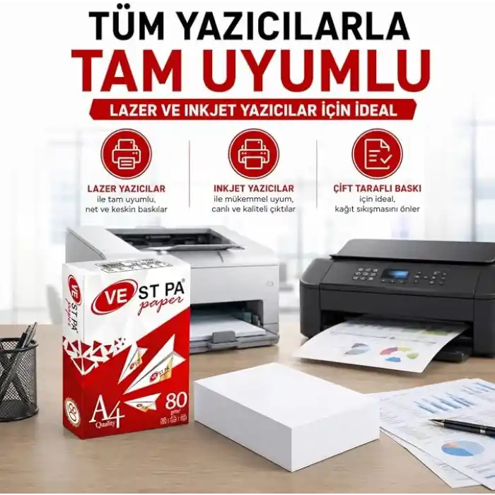 Vestpa A4 Fotokopi Kağıdı, 80 gr/m², 500 Yaprak, Lazer ve Inkjet Yazıcı Uyumlu, Yüksek Beyazlık ve Net Baskı Kalitesi, Çift Taraflı Baskıya Uygun, Ofis ve Ev Kullanımı İçin