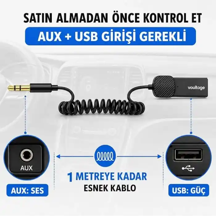 Bluetooth 5.4 Araç AUX Adaptörü, 3.5 mm Jack Araç Ses Kiti