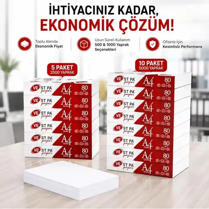 Vestpa A4 Fotokopi Kağıdı, 80 gr/m², 500 Yaprak, Lazer ve Inkjet Yazıcı Uyumlu, Yüksek Beyazlık ve Net Baskı Kalitesi, Çift Taraflı Baskıya Uygun, Ofis ve Ev Kullanımı İçin