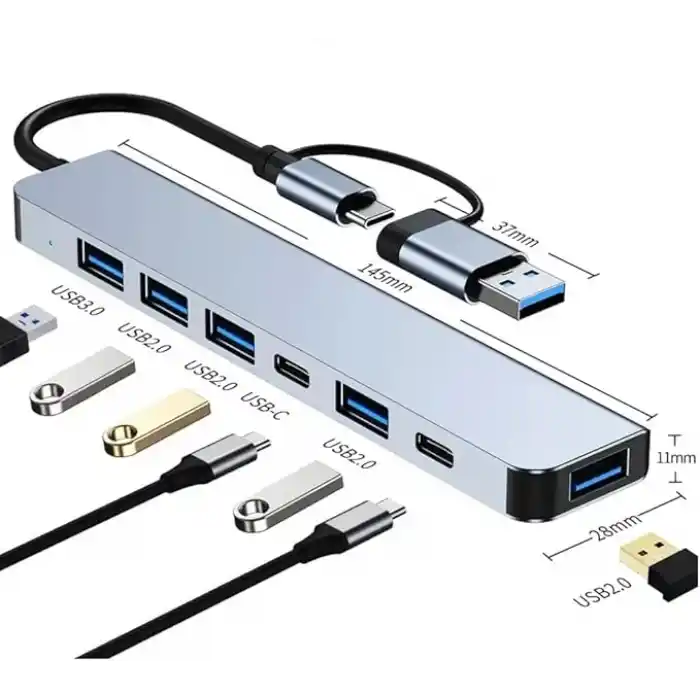 Coverzone Çoklayıcı Adaptör 7in1 USB/Type-c To USB A, USB C Macbook uyumlu Çevirici Adaptör Çok Portlu Çoklayıcı 7 in 1 USB HUB (Gri)