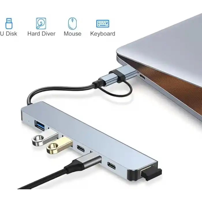 Coverzone Çoklayıcı Adaptör 7in1 USB/Type-c To USB A, USB C Macbook uyumlu Çevirici Adaptör Çok Portlu Çoklayıcı 7 in 1 USB HUB (Gri)