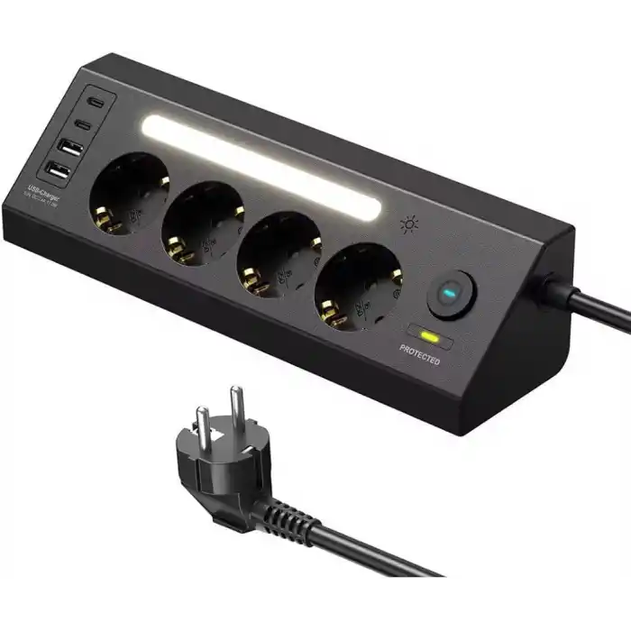 SMAYLİNG Akım Korumalı Çoklu Priz | 4 Priz Girişi + 2 USB-C + 2 USB-A Çıkışı | 2 Metre Kablo | LED Işıklı | Hızlı Şarj ve Güvenli Kullanım