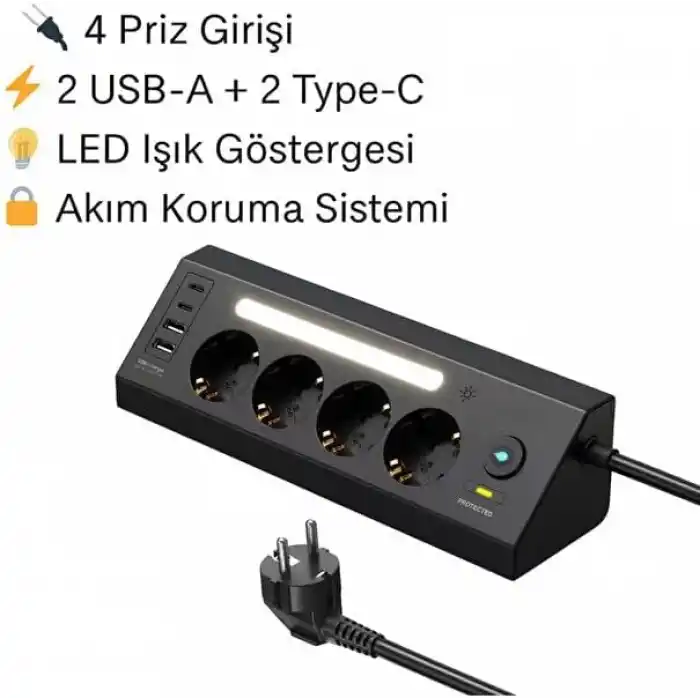SMAYLİNG Akım Korumalı Çoklu Priz | 4 Priz Girişi + 2 USB-C + 2 USB-A Çıkışı | 2 Metre Kablo | LED Işıklı | Hızlı Şarj ve Güvenli Kullanım
