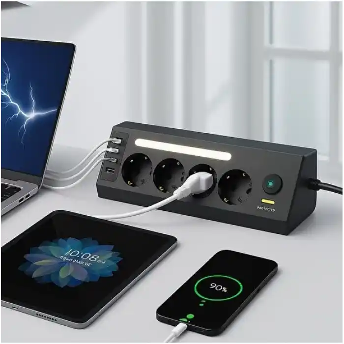 SMAYLİNG Akım Korumalı Çoklu Priz | 4 Priz Girişi + 2 USB-C + 2 USB-A Çıkışı | 2 Metre Kablo | LED Işıklı | Hızlı Şarj ve Güvenli Kullanım