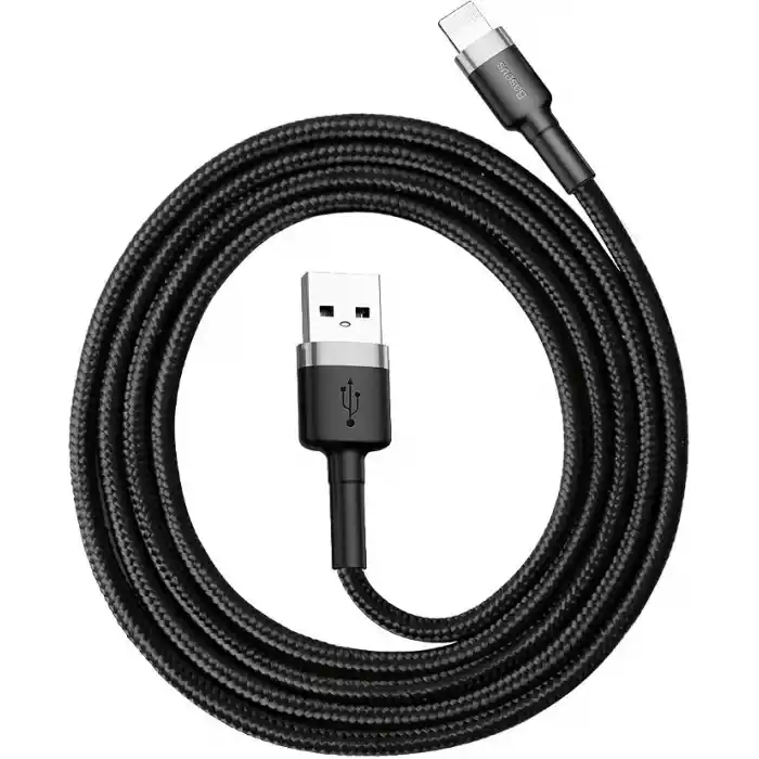 Baseus Cafule Serisi, 2.4 A USB-A & Lightning Şarj Kablosu & Data Aktarım Kablosu, 1 Metre, Gri - Siyah