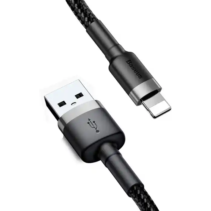 Baseus Cafule Serisi, 2.4 A USB-A & Lightning Şarj Kablosu & Data Aktarım Kablosu, 1 Metre, Gri - Siyah