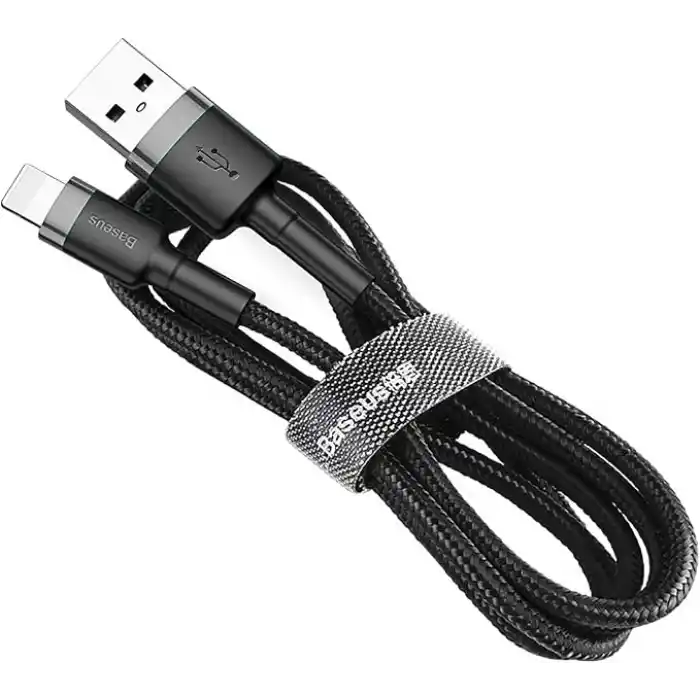 Baseus Cafule Serisi, 2.4 A USB-A & Lightning Şarj Kablosu & Data Aktarım Kablosu, 1 Metre, Gri - Siyah