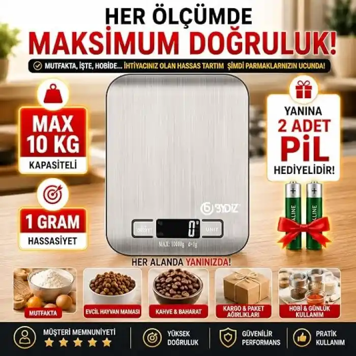 Bydiz Dijital Mutfak Terazisi 10 Kg Kapasiteli 1 Gr Hassasiyetli, Paslanmaz Çelik Hassas Mutfak Tartısı, Dara Fonksiyonu, LED Ekran, 5 Ölçü Birimi Desteği, Otomatik Kapanma, BY-005