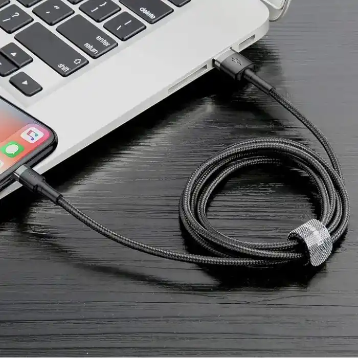 Baseus Cafule Serisi, 2.4 A USB-A & Lightning Şarj Kablosu & Data Aktarım Kablosu, 1 Metre, Gri - Siyah