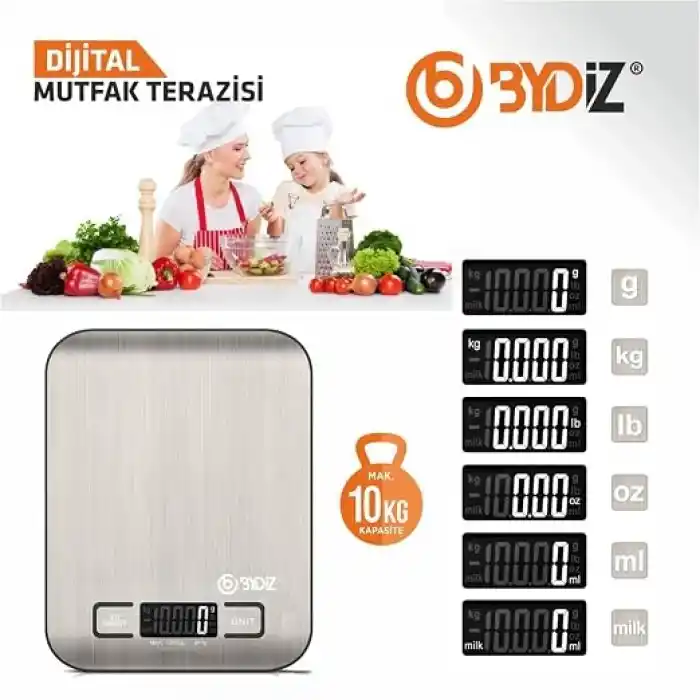 Bydiz Dijital Mutfak Terazisi 10 Kg Kapasiteli 1 Gr Hassasiyetli, Paslanmaz Çelik Hassas Mutfak Tartısı, Dara Fonksiyonu, LED Ekran, 5 Ölçü Birimi Desteği, Otomatik Kapanma, BY-005
