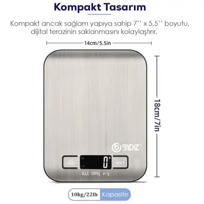Bydiz Dijital Mutfak Terazisi 10 Kg Kapasiteli 1 Gr Hassasiyetli, Paslanmaz Çelik Hassas Mutfak Tartısı, Dara Fonksiyonu, LED Ekran, 5 Ölçü Birimi Desteği, Otomatik Kapanma, BY-005