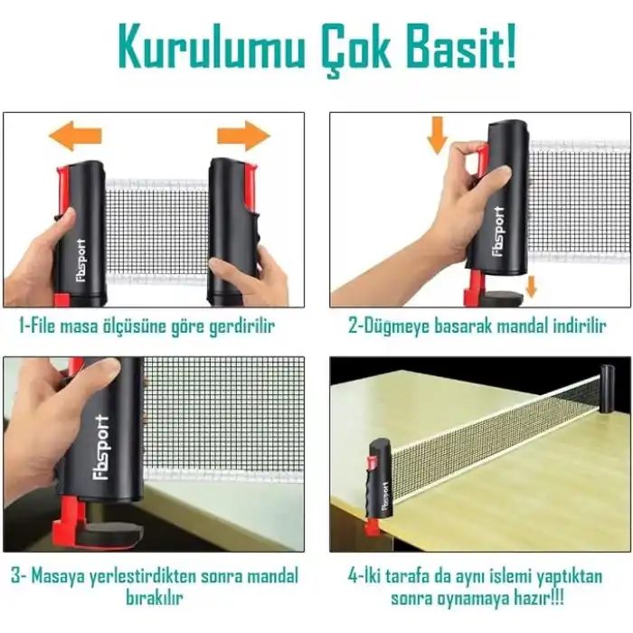 TELVESSE 6lı SET Masa Tenisi Filesi Raket Top Seti Otomatik Gerdirme Pinpon Net Tüm Masalara Uyumlu