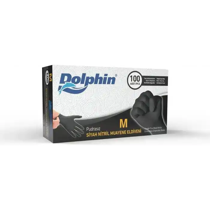 Dolphin Çok Amaçlı Siyah Nitril Muayene Eldiveni M Beden 100 Adet-MDR