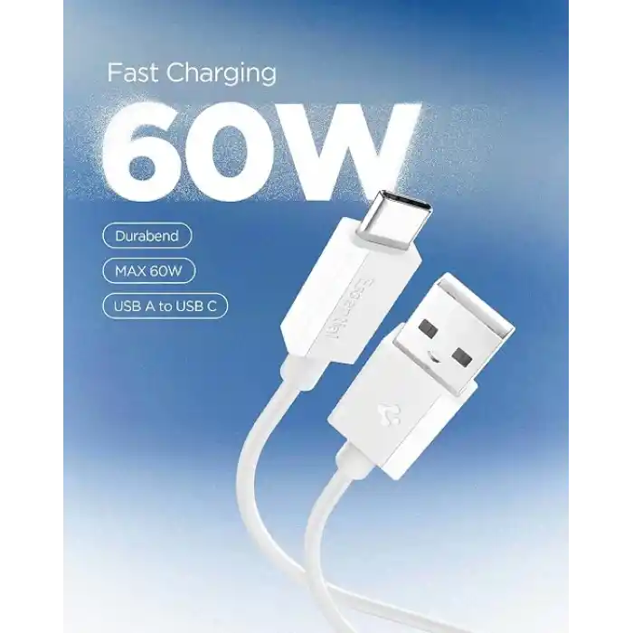 Spigen USB-A to USB-C 1 Metre Kablo 60W Güç/Hızlı Şarj / 480 Mbps Data Aktarım Hızı Type-C Ekstra Dayanıklı White - ACA08715