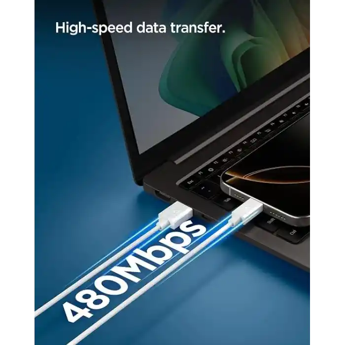 Spigen USB-A to USB-C 1 Metre Kablo 60W Güç/Hızlı Şarj / 480 Mbps Data Aktarım Hızı Type-C Ekstra Dayanıklı White - ACA08715