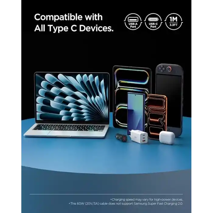 Spigen USB-A to USB-C 1 Metre Kablo 60W Güç/Hızlı Şarj / 480 Mbps Data Aktarım Hızı Type-C Ekstra Dayanıklı White - ACA08715