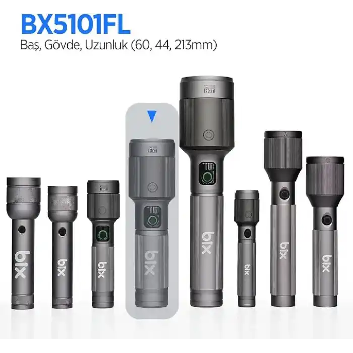 Bix Flashlight BX5101FL 60W LED, Max. 2300 Lümen Parlaklık ve 850 Metreye Kadar Uzun Menzilli, Şarj Edilebilir, LED Güç Göstergeli ve Çok Modlu Kamp Acil Durum için Kompakt El Feneri