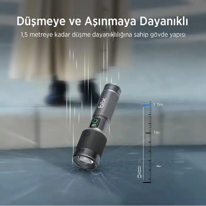Bix Flashlight BX5101FL 60W LED, Max. 2300 Lümen Parlaklık ve 850 Metreye Kadar Uzun Menzilli, Şarj Edilebilir, LED Güç Göstergeli ve Çok Modlu Kamp Acil Durum için Kompakt El Feneri