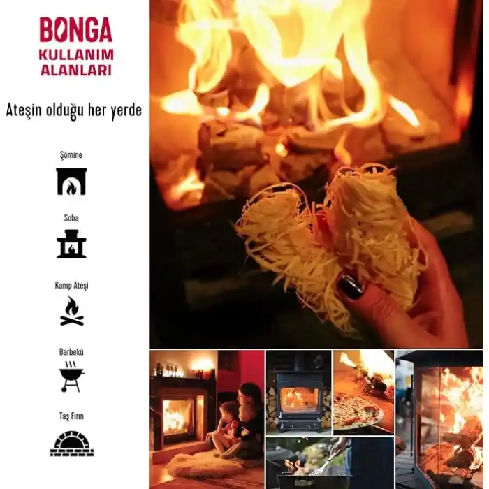 BONGA Soba, Şömine, Mangal Tutuşturucu 10 Adet 140 gr - Jel Ve Çıra Alternatifi Doğal Odun Yünü