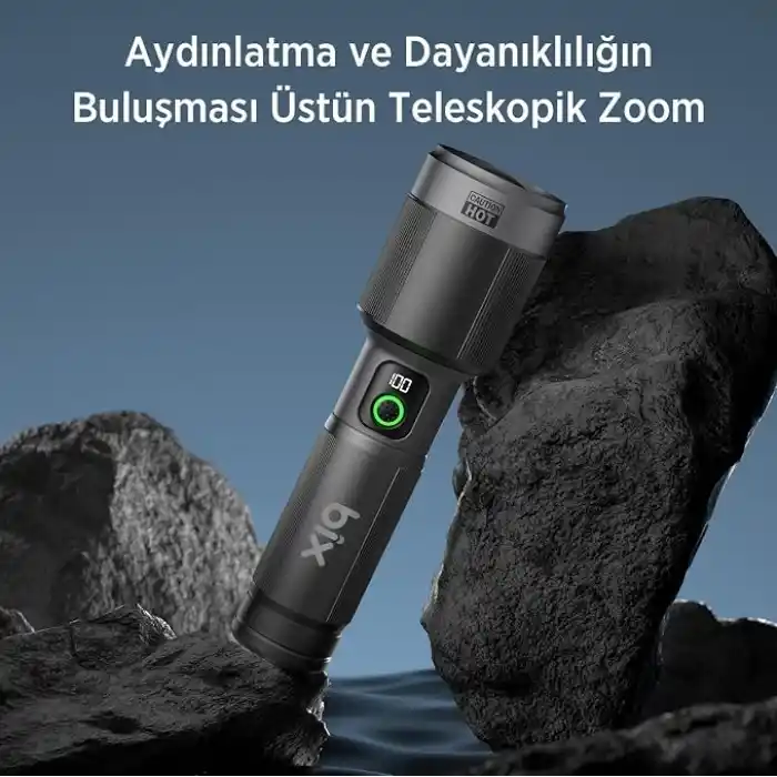 Bix Flashlight BX5101FL 60W LED, Max. 2300 Lümen Parlaklık ve 850 Metreye Kadar Uzun Menzilli, Şarj Edilebilir, LED Güç Göstergeli ve Çok Modlu Kamp Acil Durum için Kompakt El Feneri