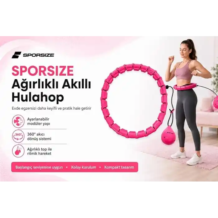 Sporsize Akıllı Hulahop, Ağırlıklı Toplu Ayarlanabilir Modüler Fitness Hulahopu, Bel ve Karın Egzersiz Aleti, Evde Spor İçin, Pembe
