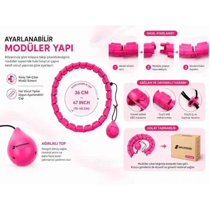 Sporsize Akıllı Hulahop, Ağırlıklı Toplu Ayarlanabilir Modüler Fitness Hulahopu, Bel ve Karın Egzersiz Aleti, Evde Spor İçin, Pembe