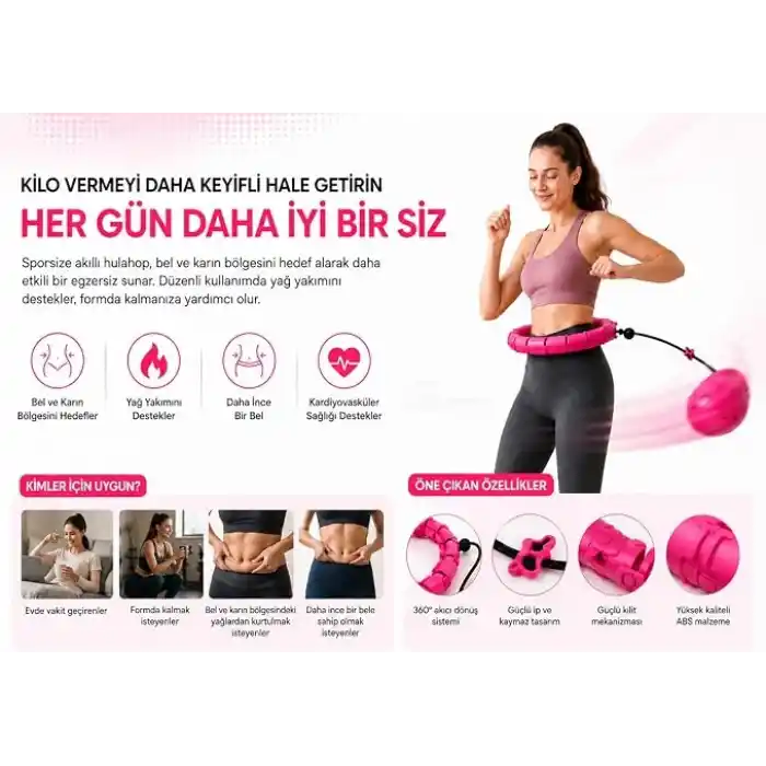 Sporsize Akıllı Hulahop, Ağırlıklı Toplu Ayarlanabilir Modüler Fitness Hulahopu, Bel ve Karın Egzersiz Aleti, Evde Spor İçin, Pembe