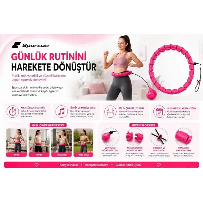 Sporsize Akıllı Hulahop, Ağırlıklı Toplu Ayarlanabilir Modüler Fitness Hulahopu, Bel ve Karın Egzersiz Aleti, Evde Spor İçin, Pembe