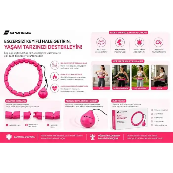 Sporsize Akıllı Hulahop, Ağırlıklı Toplu Ayarlanabilir Modüler Fitness Hulahopu, Bel ve Karın Egzersiz Aleti, Evde Spor İçin, Pembe