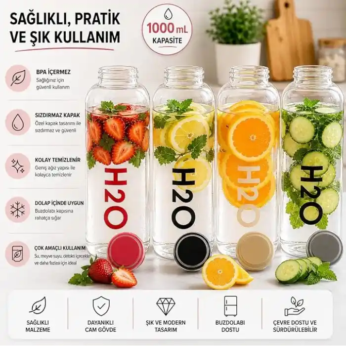Orret Home 1000 ml Renkli Kapaklı Borosilikat Cam Matara – Sızdırmaz Çevirmeli Vakumlu Kapaklı Suluk,BPA İçermez, Isıya Dayanıklı, Geniş Ağızlı, Şık ve Dayanıklı Cam Su Şişesi (Siyah)